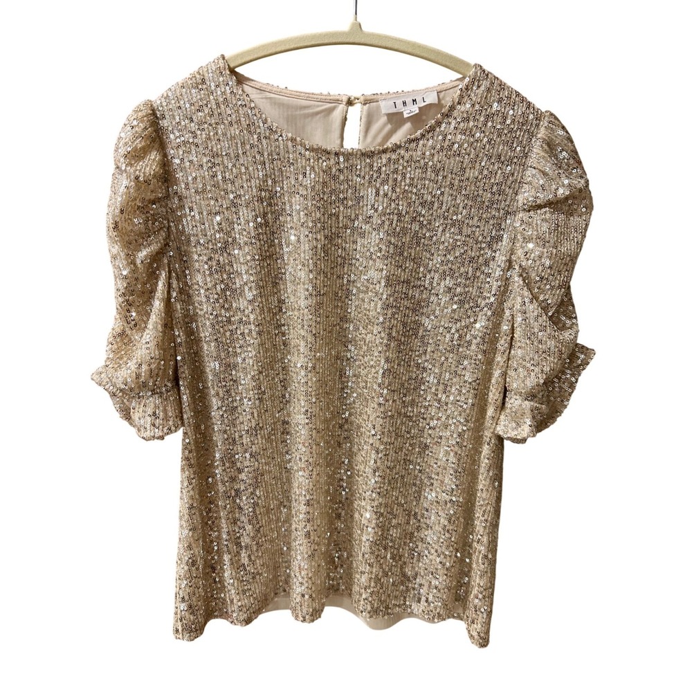THML Women Champagne Gold Sequin Puff Sleeve Blouse Top TM5088-1-CR Size L